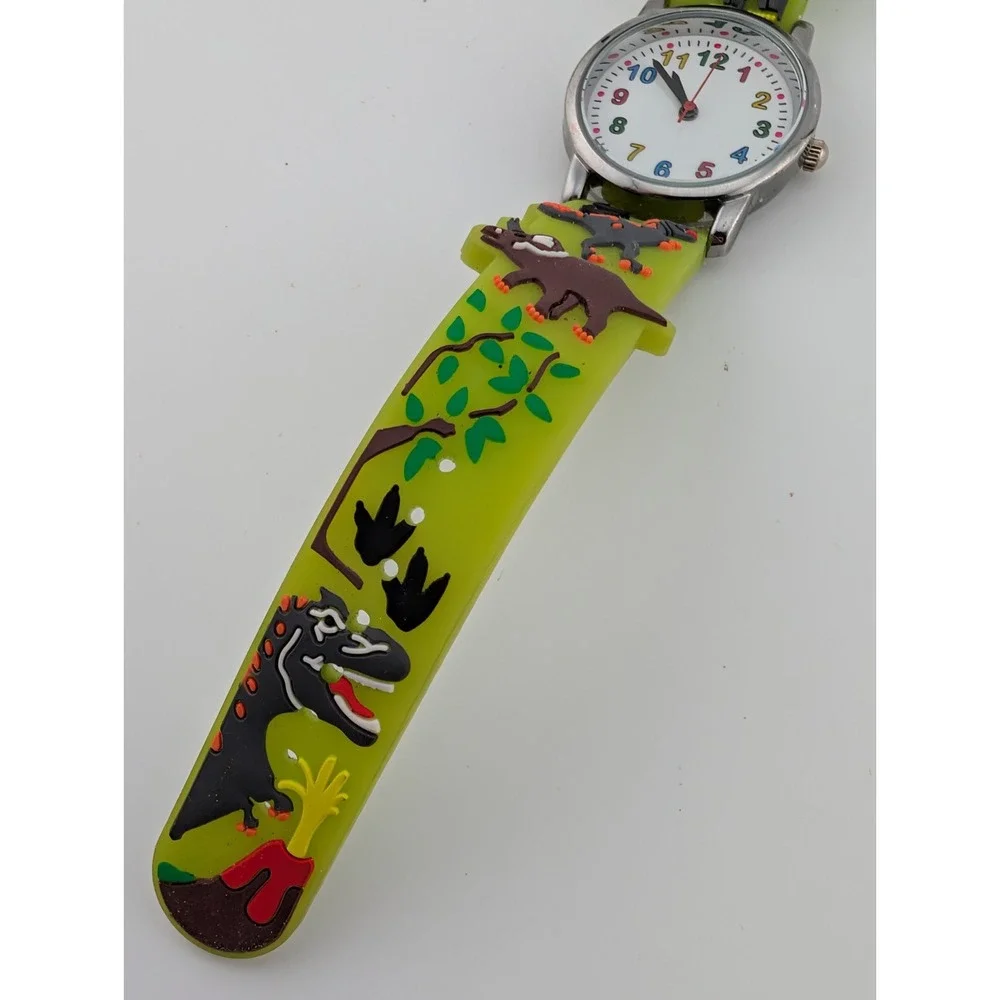Kids Dinosaur Watch Silver 27mm Case Green‎ Silicone Band- New Battery